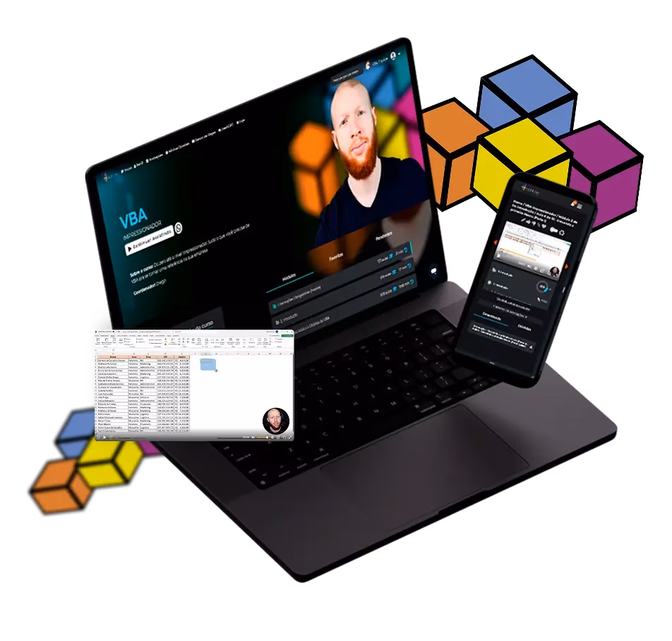 Notebook e celular com a plataforma do curso de VBA, captura de tela de uma aula do curso e ícone do VBA